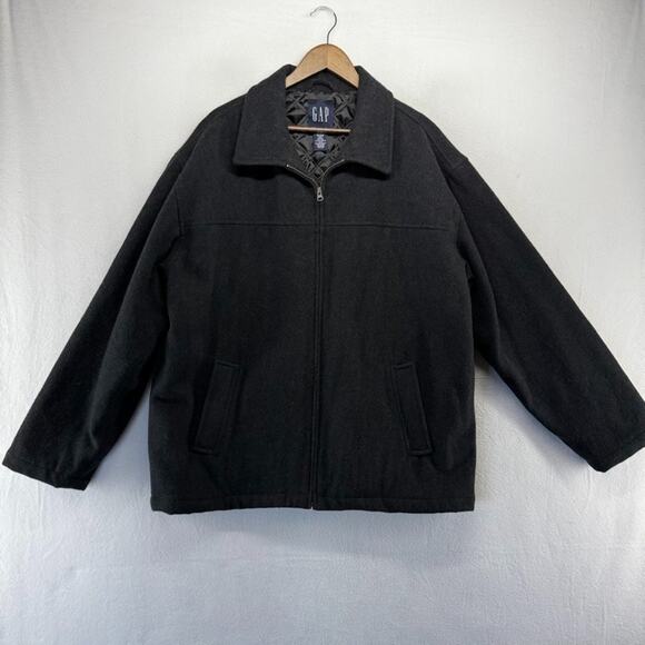 Vintage Gap Wool Coat Men's XL Gray Wool Quilt Lined Zip Pockets Collared y2k